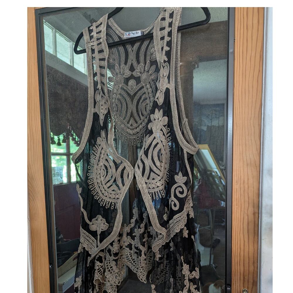 Black mesh plus embroidered vest with intricate scrollwork